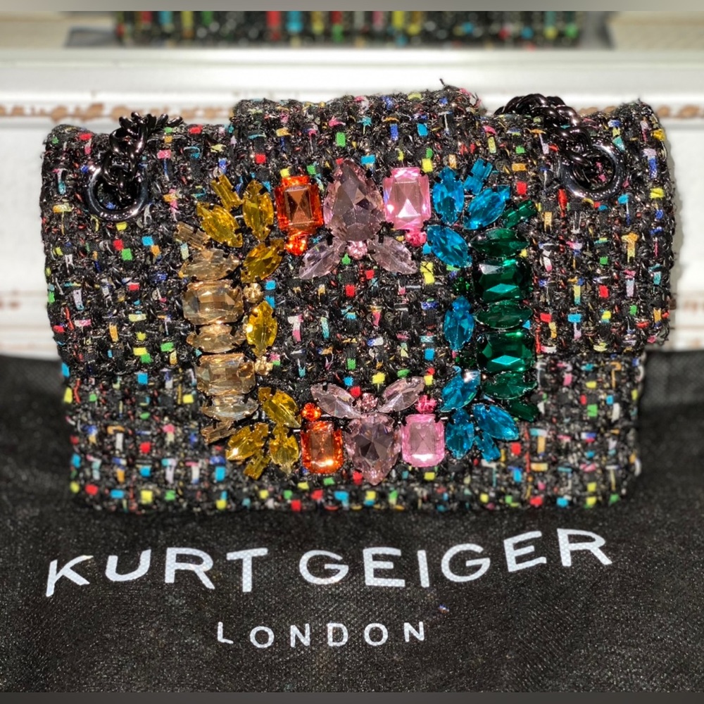Kurt Geiger London Mini Mayfair tweed crossbody bag with embellished buckle